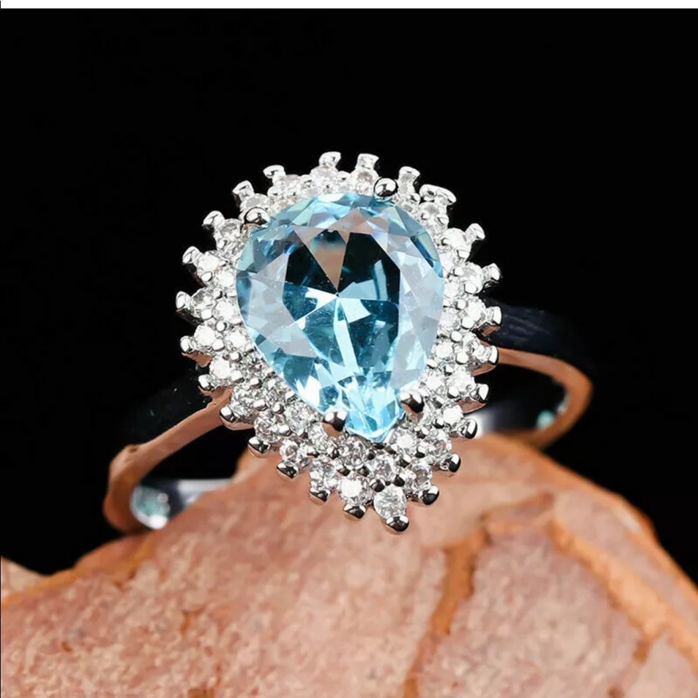 925 Silver White Sapphire Women Aquamarine Ring - Picture 3 of 5